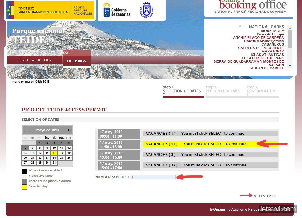 Выбор даты при оформлении разрешения на пик Тейде